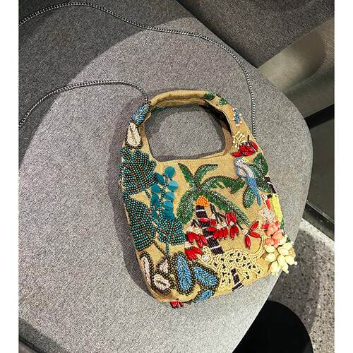 小众链条包女手提斜挎女包25年新款腋下串珠设计帆布水桶包