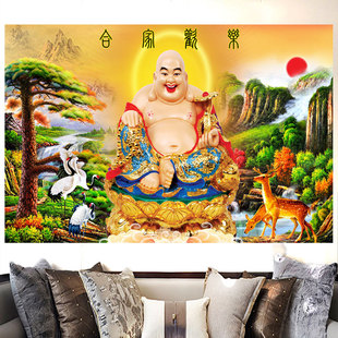 仙堂画阖家欢乐弥勒佛山水壁画佛光普照仙鹤迎客松招财进宝装饰画