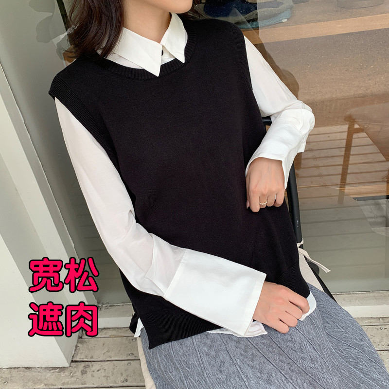 新品加肥加大码针织马甲女外套春秋毛线背心韩版宽松套头毛衣坎肩