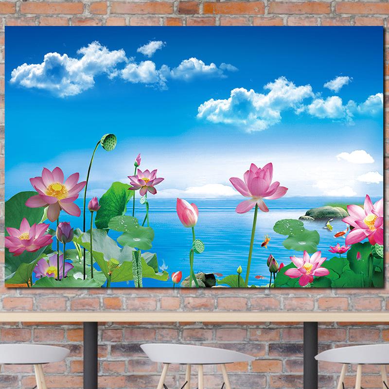 荷花挂画茶室蓝天白云玄关背景墙山水风景装饰壁画聚财花卉图沙发图片