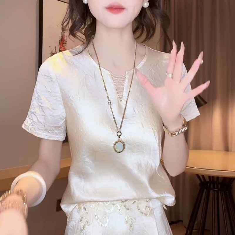 新品醋酸短袖t恤女士夏季年轻款气质百搭小衫缎面高端真丝桑蚕丝