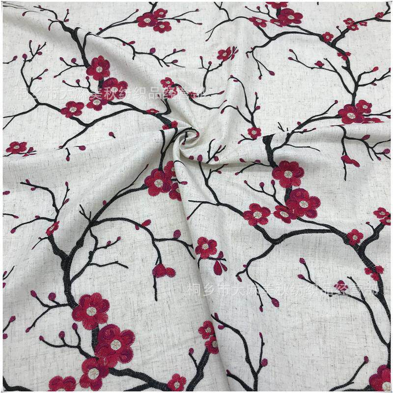 高档沙发绣花麻布中式坐垫抱枕布美式桌旗实木椅梅花面料