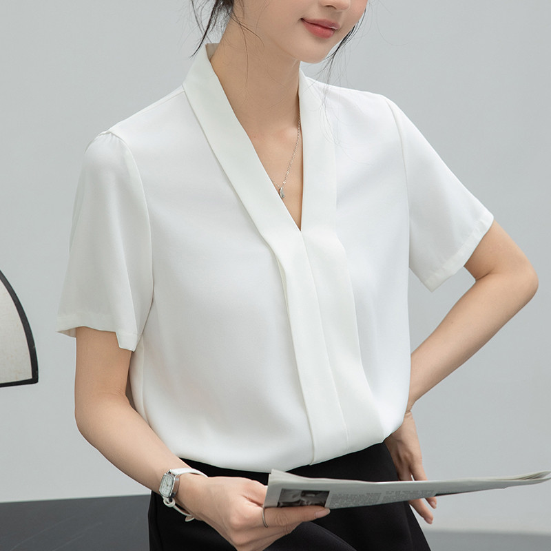 极速白色V领雪纺短袖衬衫女士夏职业通勤正装教资面试工作服套装