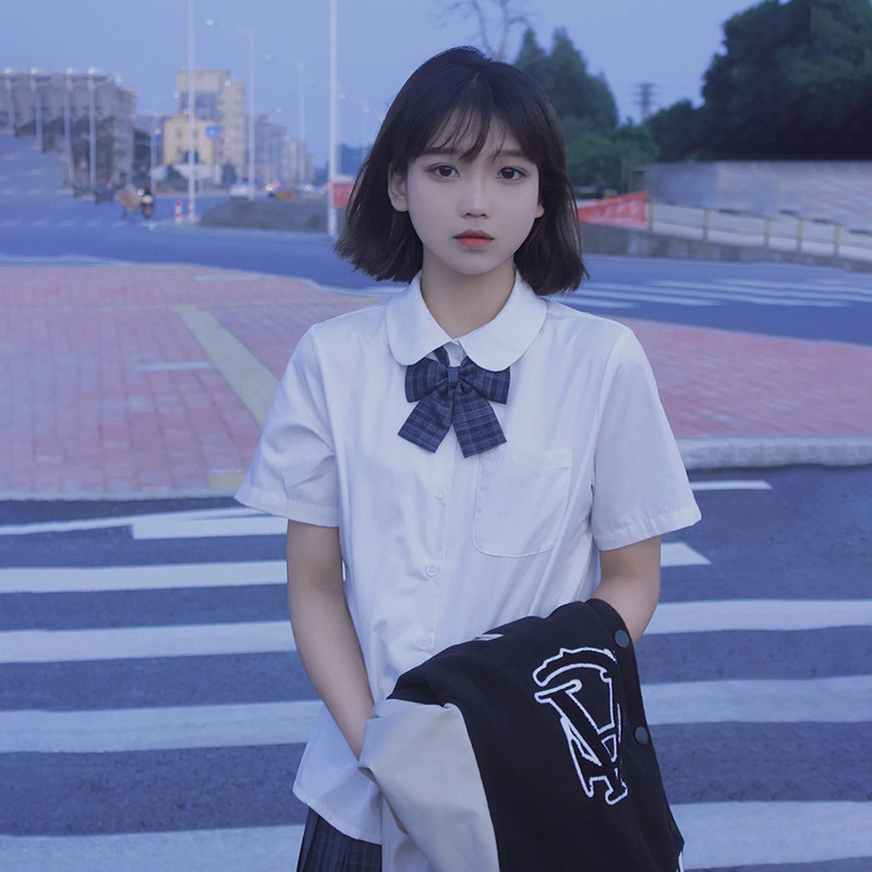 小众高货学院风夏季立领白衬衫女短袖内搭宽松学生jk制服春秋长袖