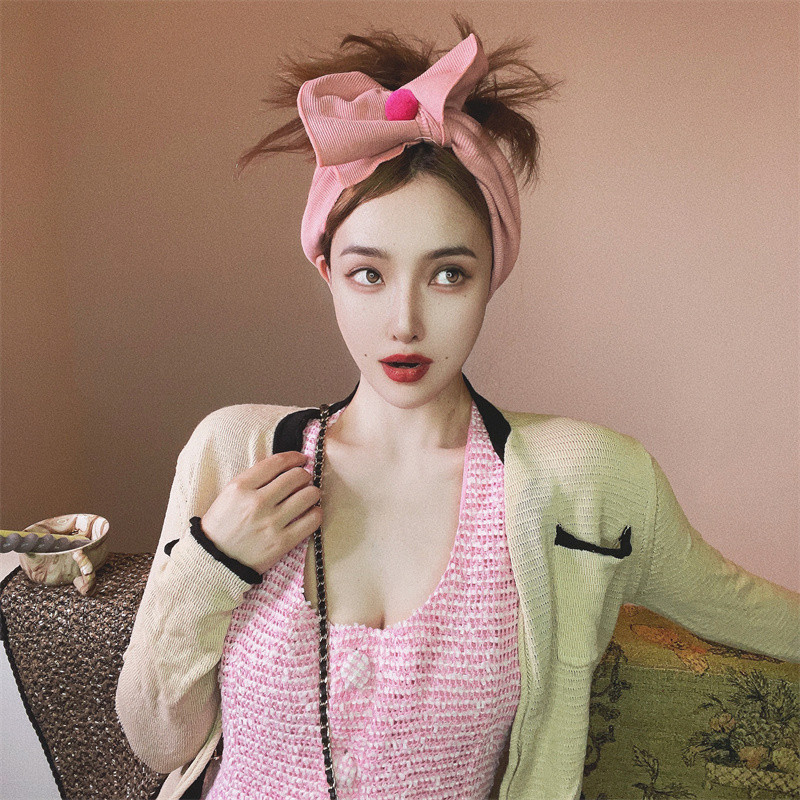 suzzi桃粉色时髦少女发带 包头弹力大蝴蝶结发带法式复古头饰