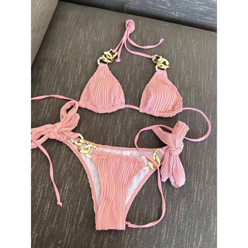 轻奢高货特价女游泳衣性感三点式分体系绳性感比基尼粉色小胸温泉