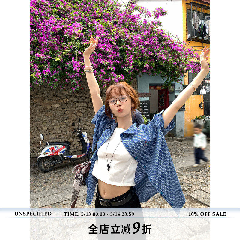 荒荒家 英文刺绣衬衫2025夏季新款港风宽松薄款小女