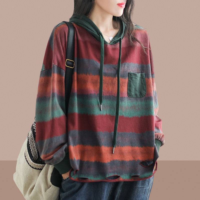 休闲条纹连帽女2025春秋季新款爆款宽松显瘦小众破洞,女装/女士精品,卫衣/绒衫,淘宝优惠券,粉丝福利购,淘宝优惠卷