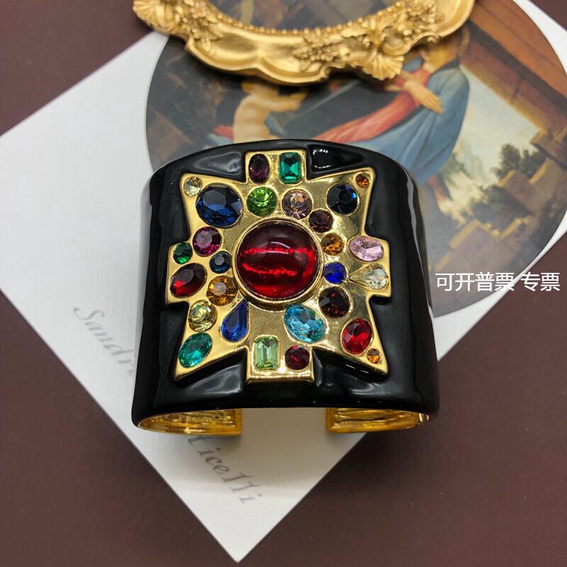 西洋中古重工首饰黑色珐琅釉红宝石弹簧开口手环镶钻琉璃手镯