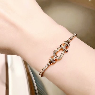 欧美满钻钛钢镀18K玫瑰金U形8字马蹄扣手链满天星手链磁扣手绳