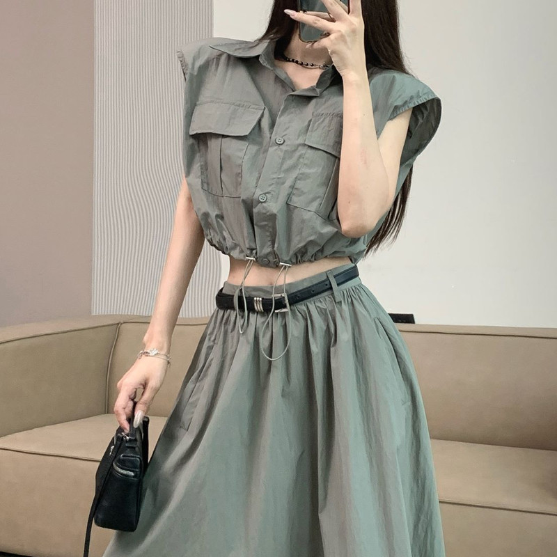 高货速发2024夏装搭配一整套时尚翻领抽绳衬衫上衣套装女工装半身