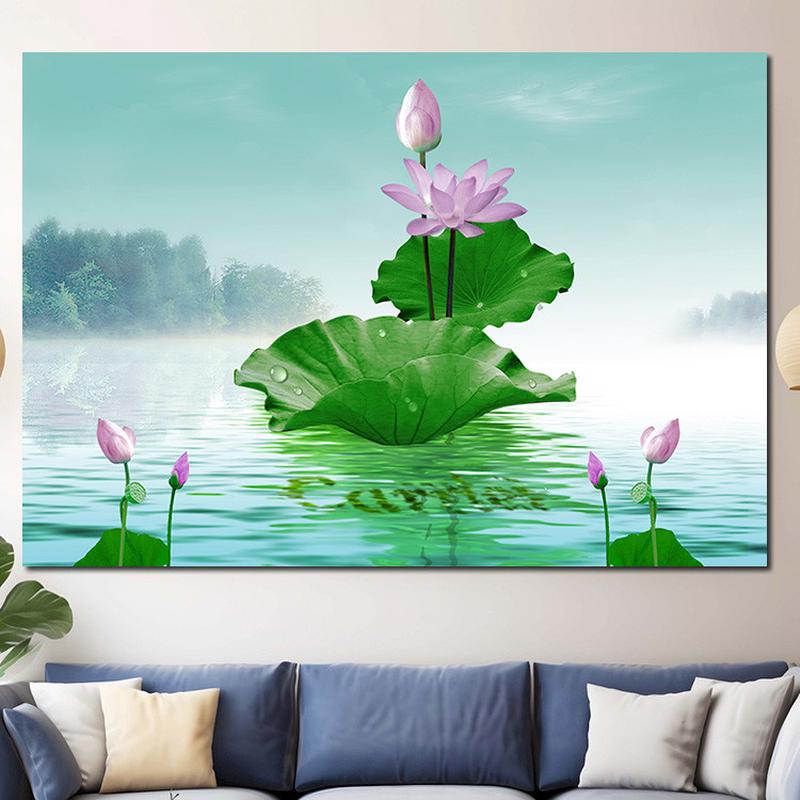 荷花中式墙壁禅厨房意茶室墙面墙贴莲花壁画壁纸装饰挂画客厅走廊图片