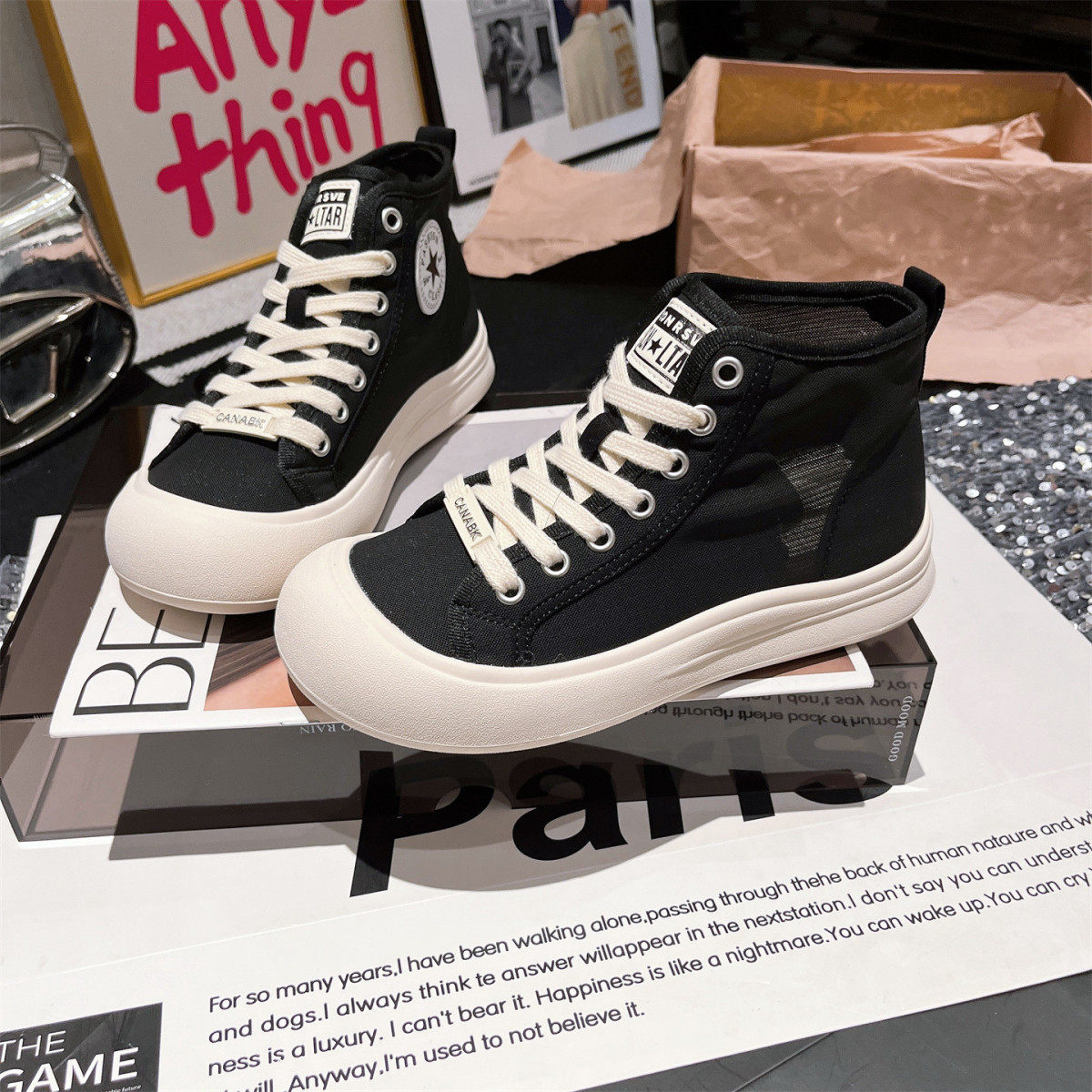 2025新款网纱高帮鞋女厚底松糕系带板鞋运动鞋透气高帮布鞋小白鞋,女鞋,时尚休闲鞋,淘宝优惠券,粉丝福利购,淘宝优惠卷