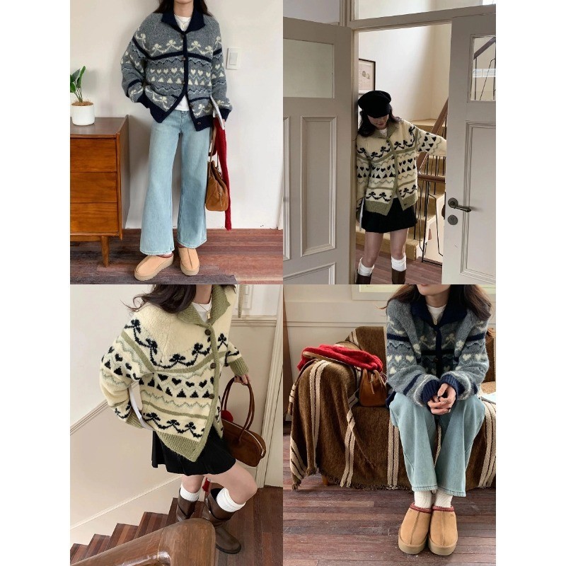 3thMorning苔野雪松高级感费尔岛提花翻领针织开衫ZY2532