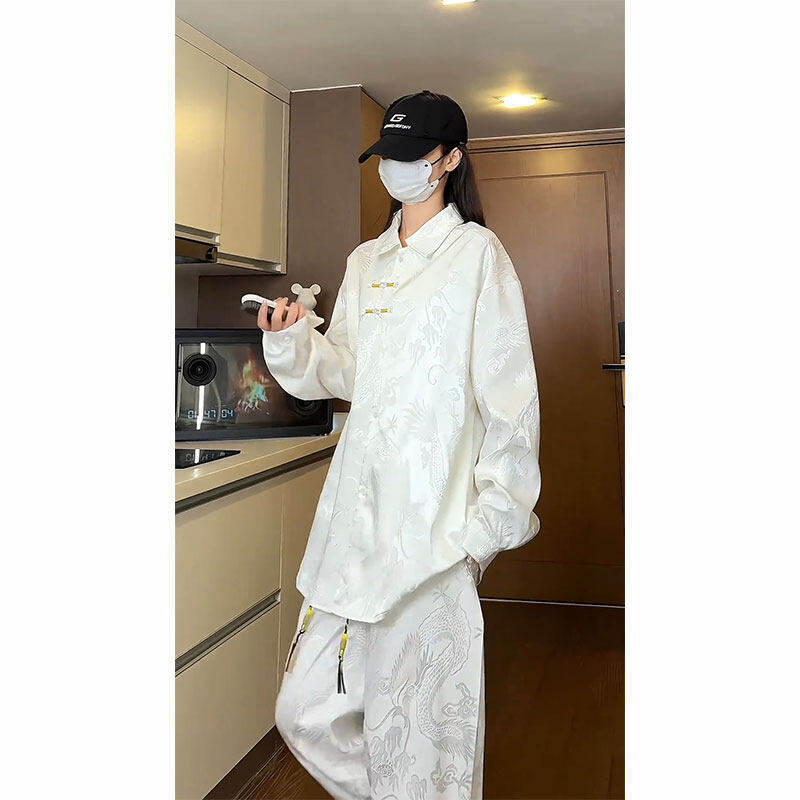 现货新中式套装男春秋款高级感运动休闲龙纹提花醋酸裤子衬衫国风