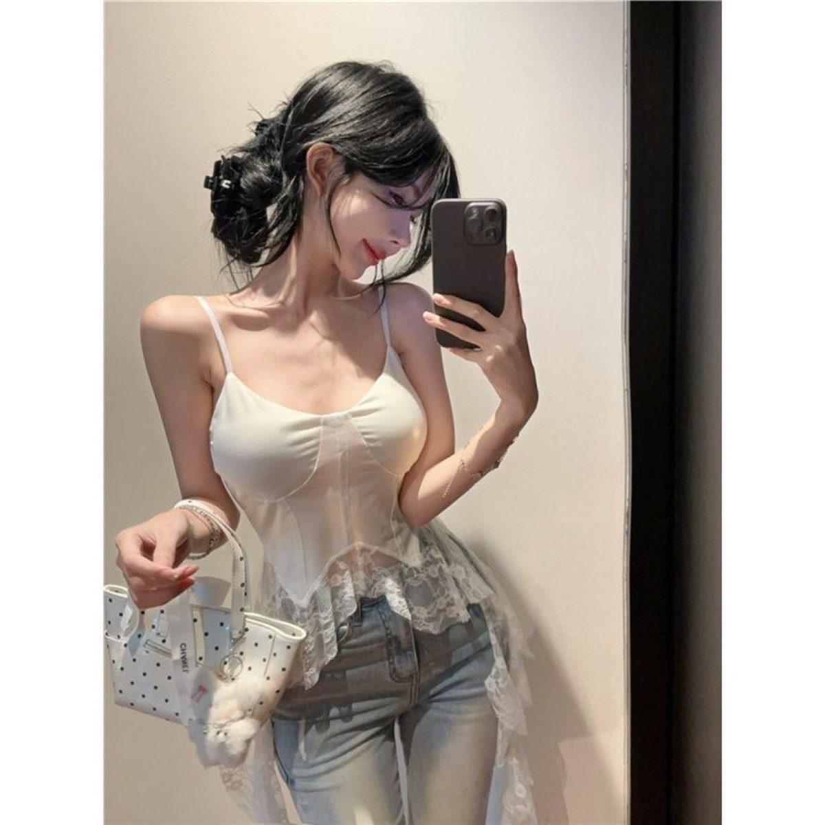 不规则蕾丝吊带背心女外穿夏季泰式甜辣妹一字肩鱼骨抹胸上衣绝美