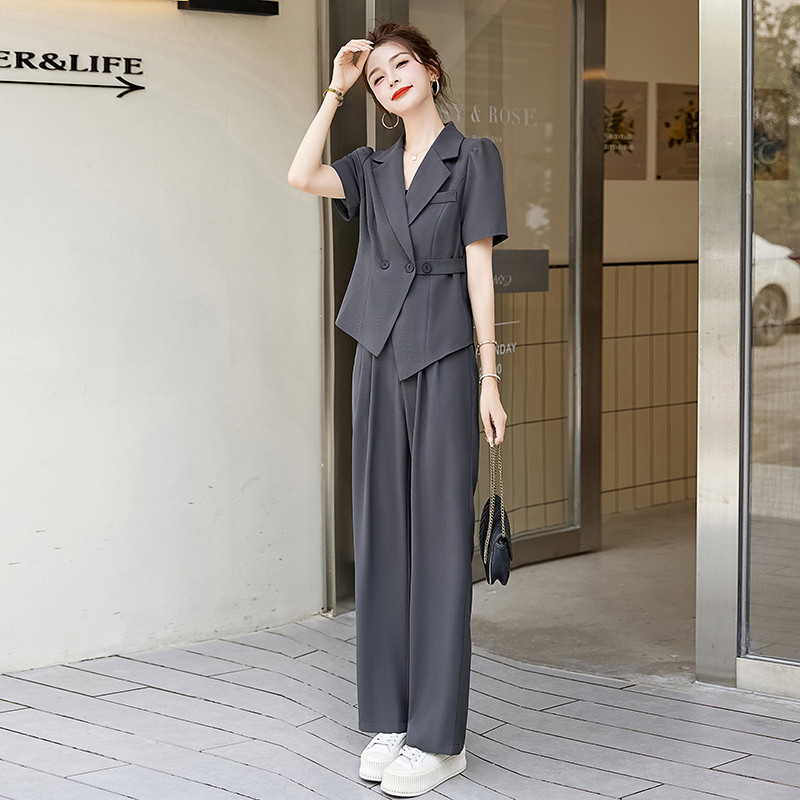 夏季薄款短袖职业西装套装女2025新款干练高级感气质阔腿裤两件套