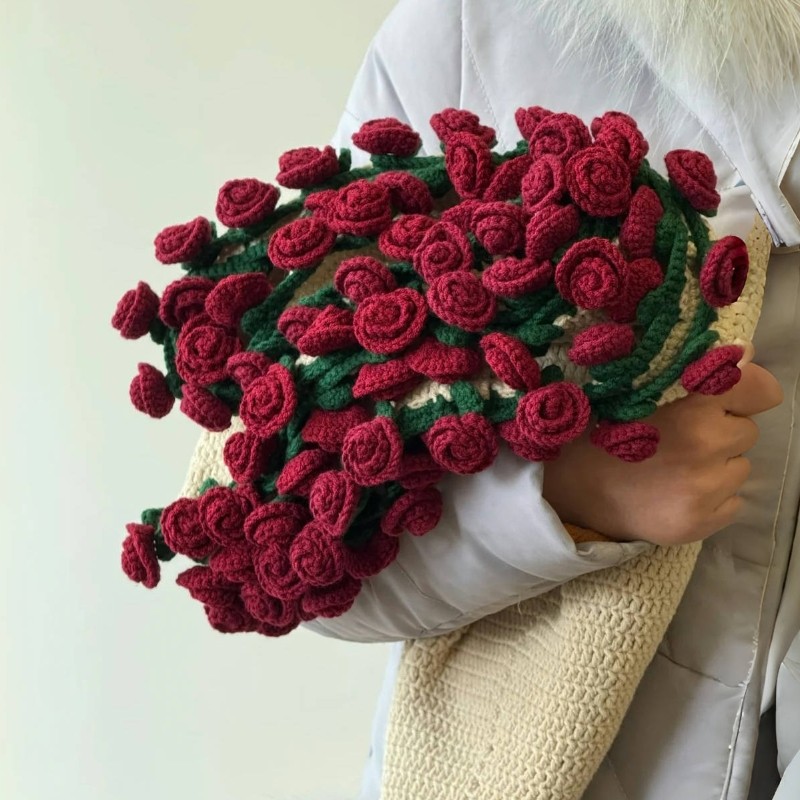 玫瑰花束毯子手工编织diy材料包毛线钩织自制花朵毛毯送女友礼物