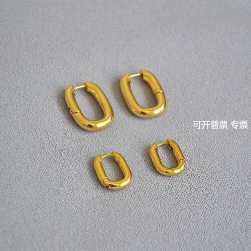 法式celi风情极简黄铜镀真金U型HOOP椭圆圈粗笨个性气质耳钉耳饰