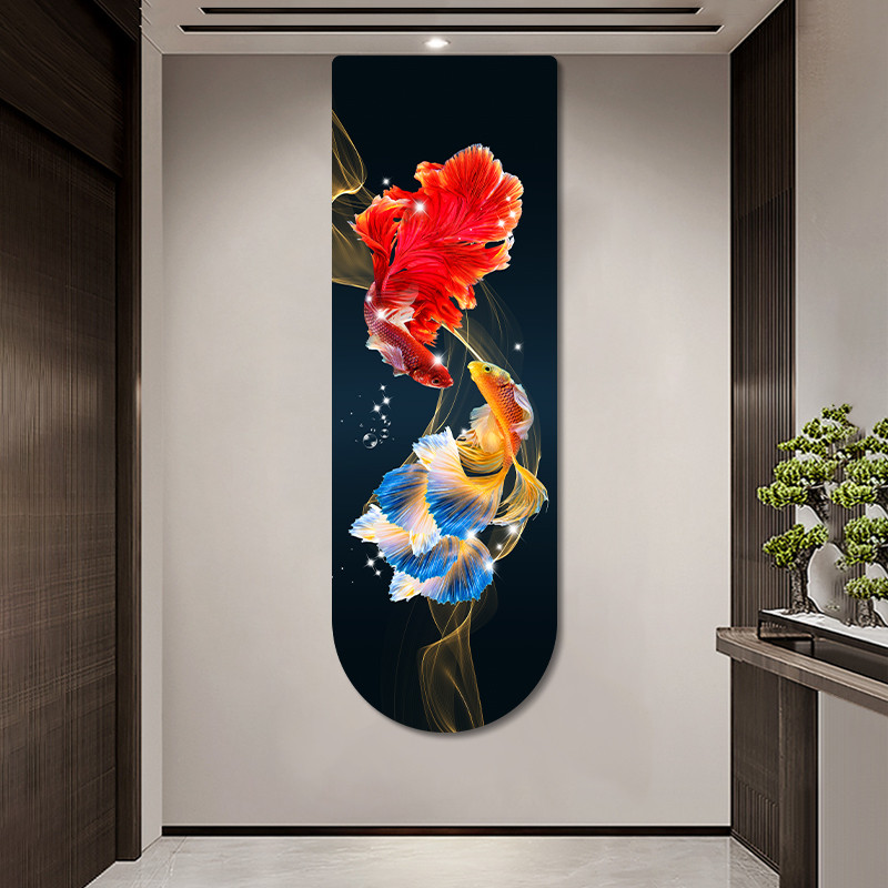 锦鲤玄关装饰画入户生财孔雀鱼楼梯长条挂画客厅走廊氛围感壁灯画图片