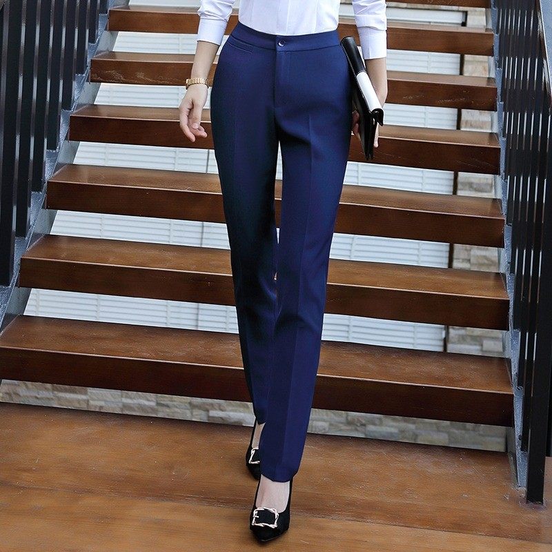 高货蓝色职业装西装裤女春秋加绒加厚直筒长裤工装正装裤子工作服