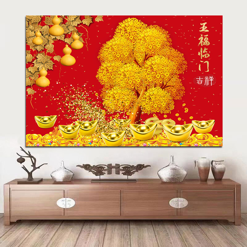 五福临门餐厅客厅装饰画发财树沙发背景墙壁画红红火火贴画新年画图片