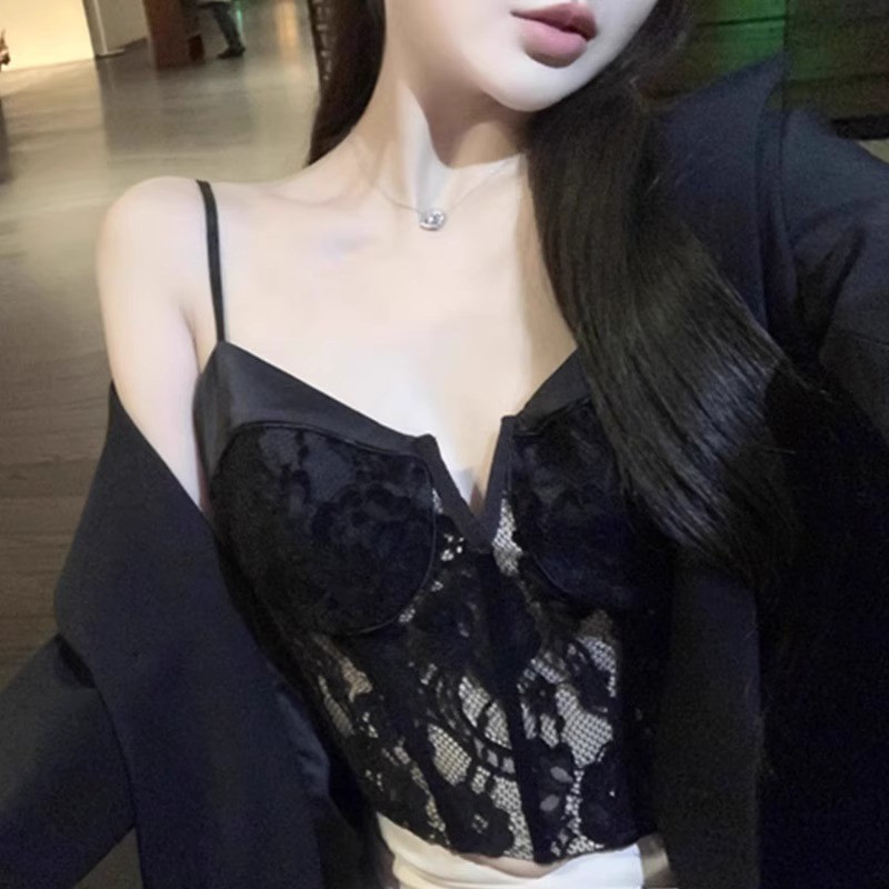 新品法式蕾丝吊带背心女外穿低胸带胸垫美背西装内搭打底鱼骨胸衣
