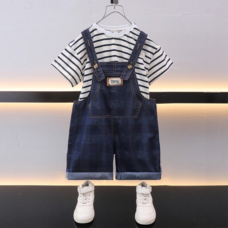 男童牛仔背带裤套装夏季薄款洋气宝宝时髦儿童夏装帅气潮