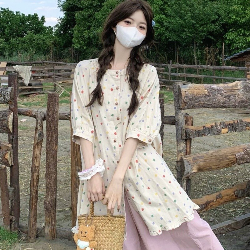 大码女装胖mm夏季新款甜美风彩色圆点短袖衬衫女宽松休闲减龄上衣