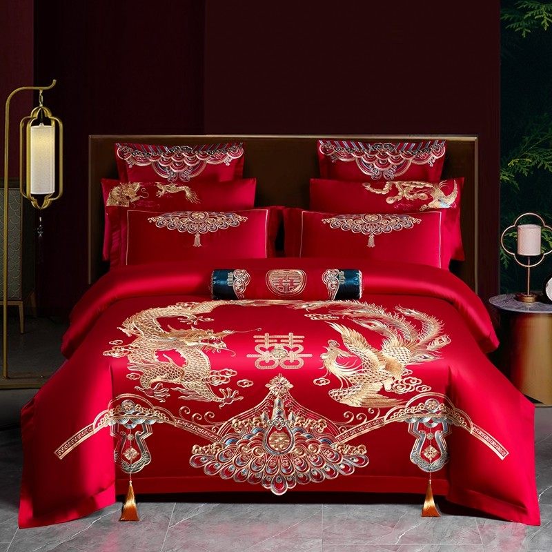 120支长绒棉婚庆四件套全棉刺绣纯棉大红色婚房龙凤结婚床上用品4,床上用品,婚庆床品套件,淘宝优惠券,粉丝福利购,淘宝优惠卷
