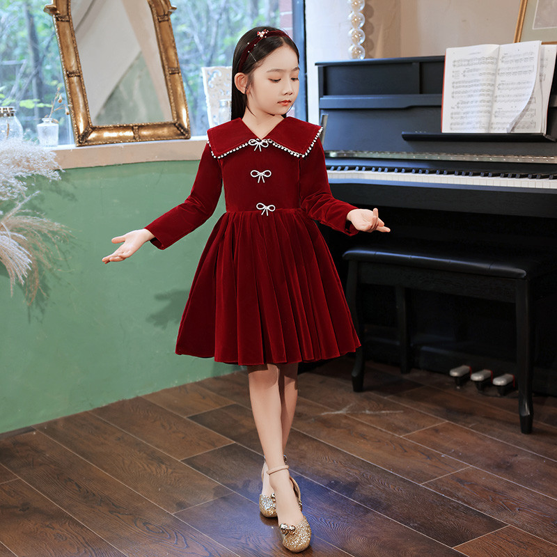 女童高端红色新年礼服儿童生日公主裙小女孩主持人钢琴演出服冬季