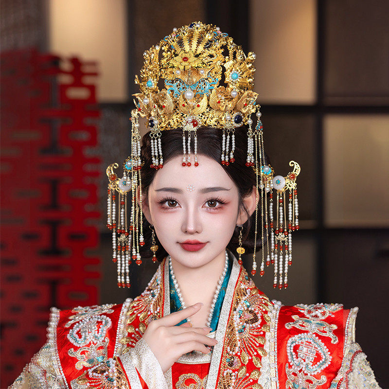明制汉服凤冠头饰古装高端手工秀禾服新娘饰品结婚饰品古法金色新