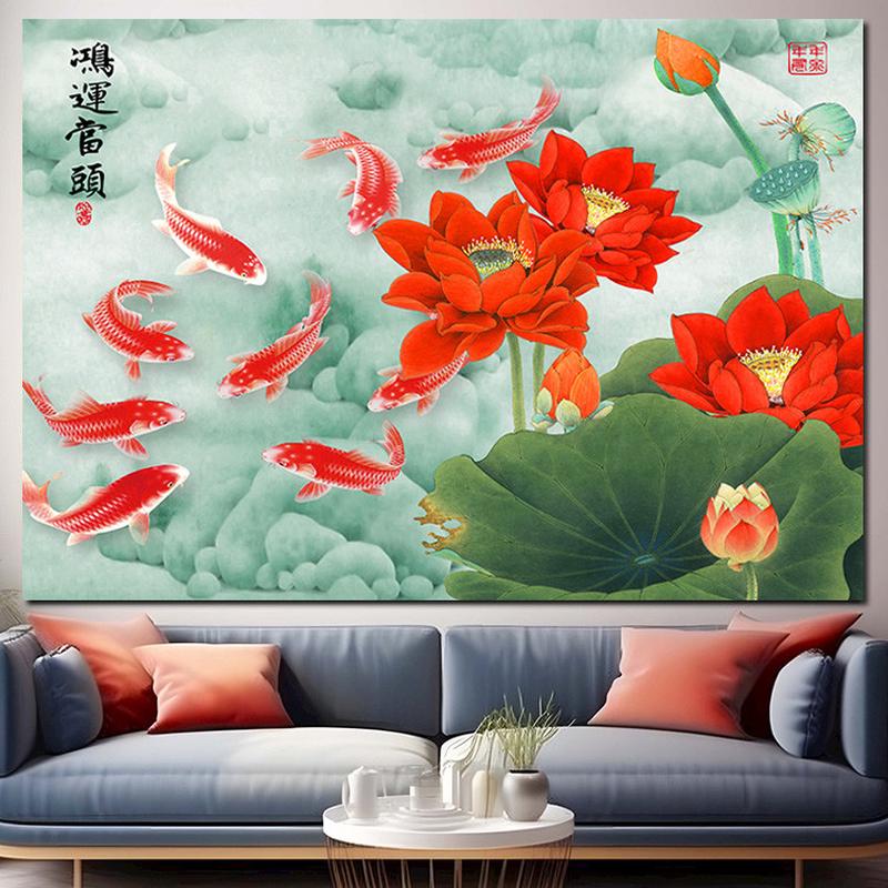 鸿运当头山水招财壁画背景墙壁纸装饰挂画自粘贴画餐厅荷花九鱼图图片