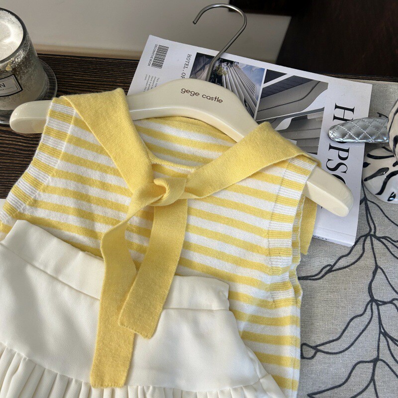韩版童装2025新款夏季女童针织条纹披肩背心白色百褶裙裙裤两件套