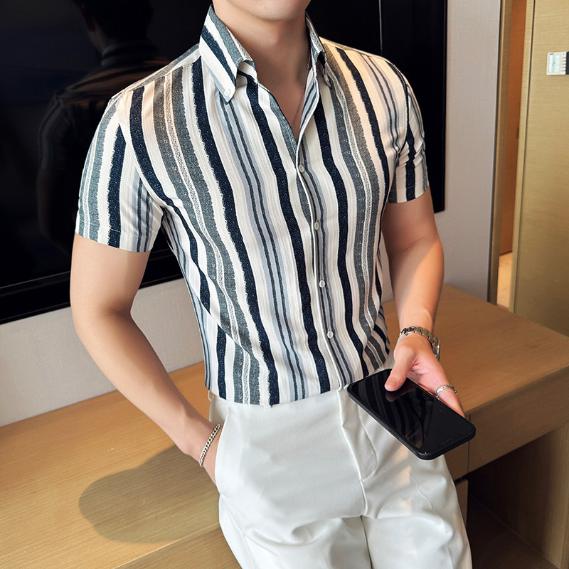 好货高级感法式彩色条纹尖领衬衫男短袖休闲商务韩版潮流修身半袖