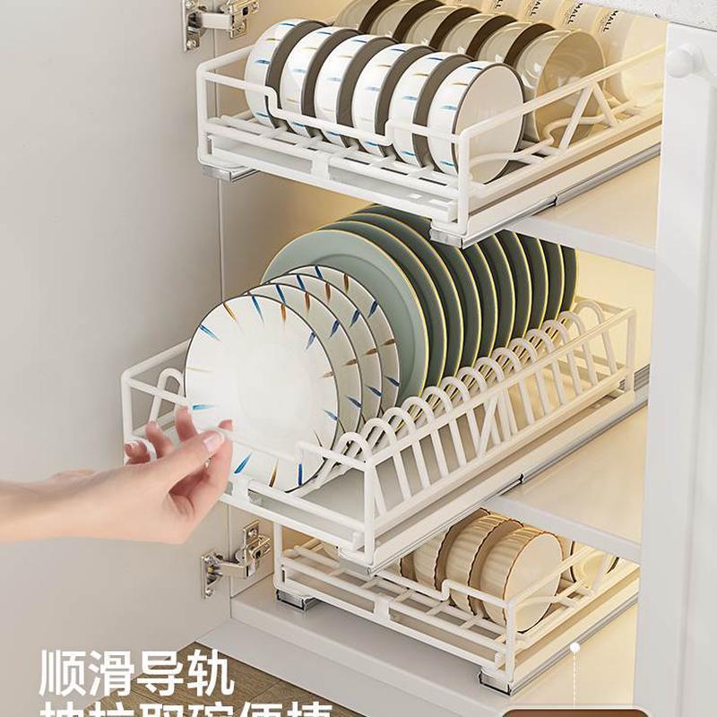 抽屉式拉篮置物架滑轨放碗抽拉橱柜沥水内置盘厨房碗碟收纳架碗架