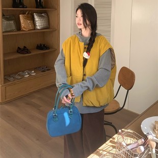 大码胖妹妹mm冬季日系甜美南瓜黄灯芯绒马甲外套女装宽松百搭马夹