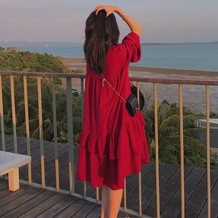 现货早春旅游穿搭雪纺沙滩裙宽松裙子红色海边度假连衣裙女夏 新品