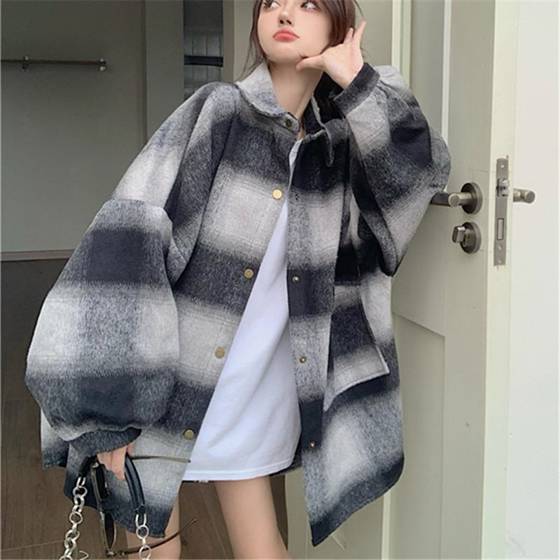 美式ins简约格子长袖衬衫女胖mm300斤春秋大码宽松休闲上衣外套潮