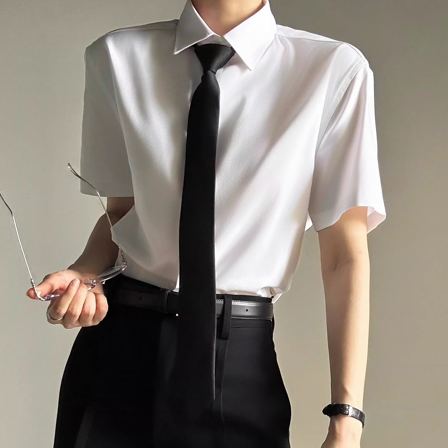dkjk制服少年感短袖白色衬衫修身雅痞帅男女中性风纯色高级感衬衣