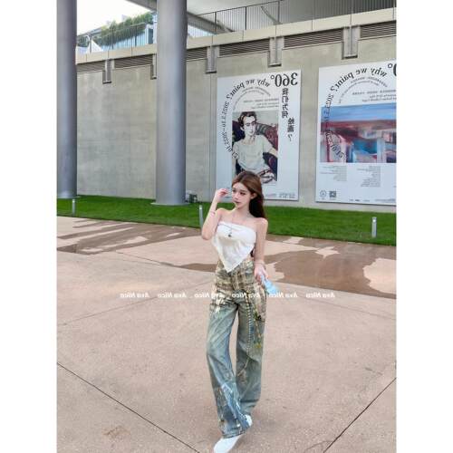 韩国首发~AC风格3D蕾丝珍珠链条印花牛仔裤女美式宽松阔腿直筒裤
