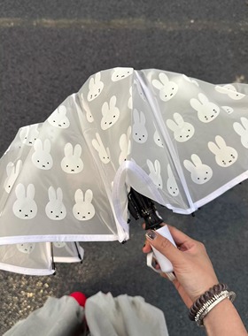 ins风可爱卡通小兔原单磨砂透明全自动晴雨伞可爱头雨伞简约清新