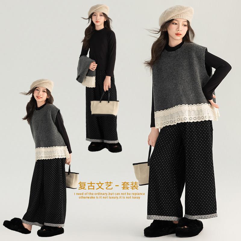 商场同款女童春装韩系针织马甲套装2025新款女孩洋气森系大童阔腿