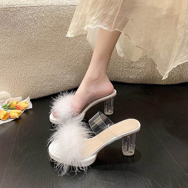 商场同款仙女风毛毛拖鞋女外穿2025年新款夏季透明一字带水晶粗高