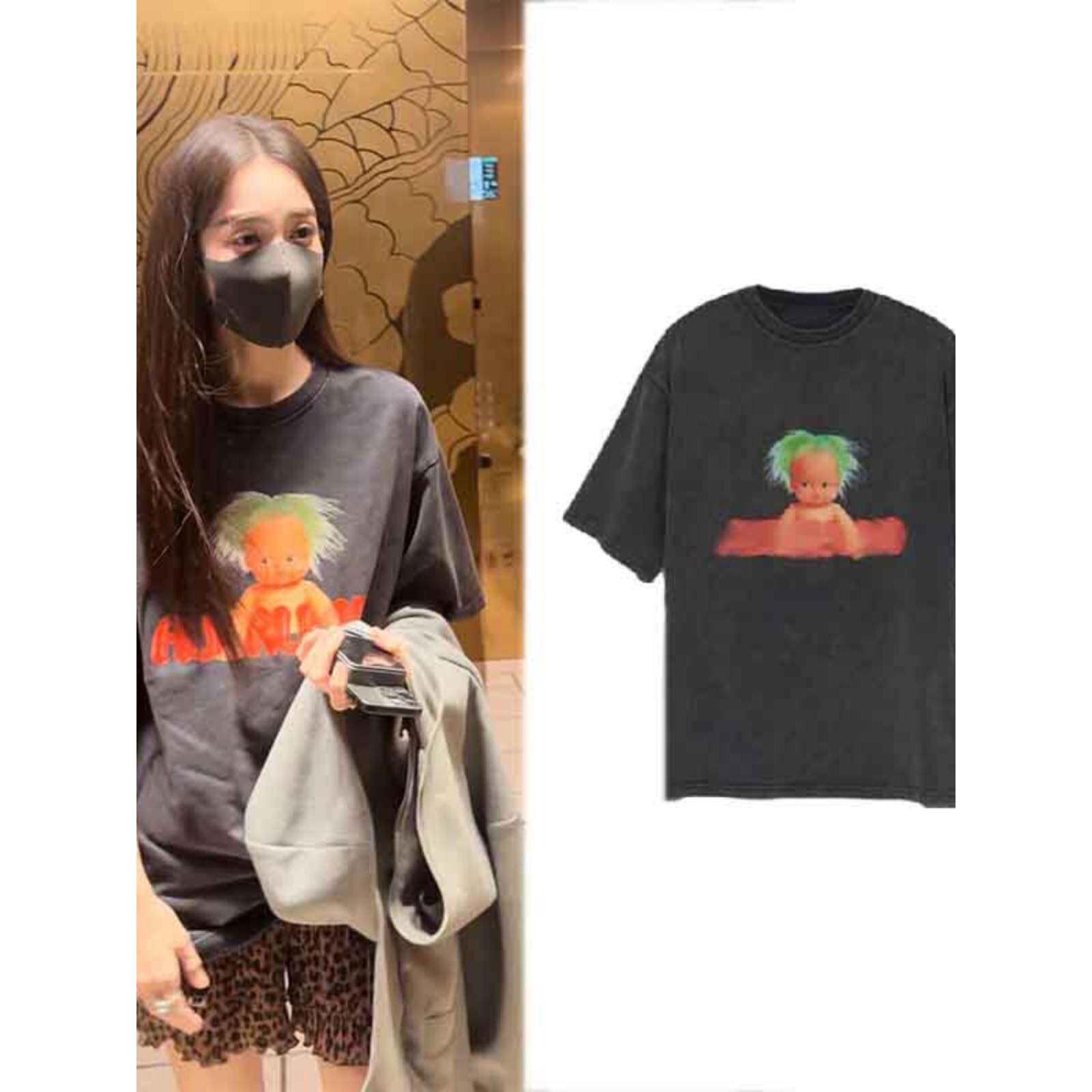 官方旗舰店古力娜扎同款美式灰色娃娃字母印花T恤夏季薄款纯棉宽