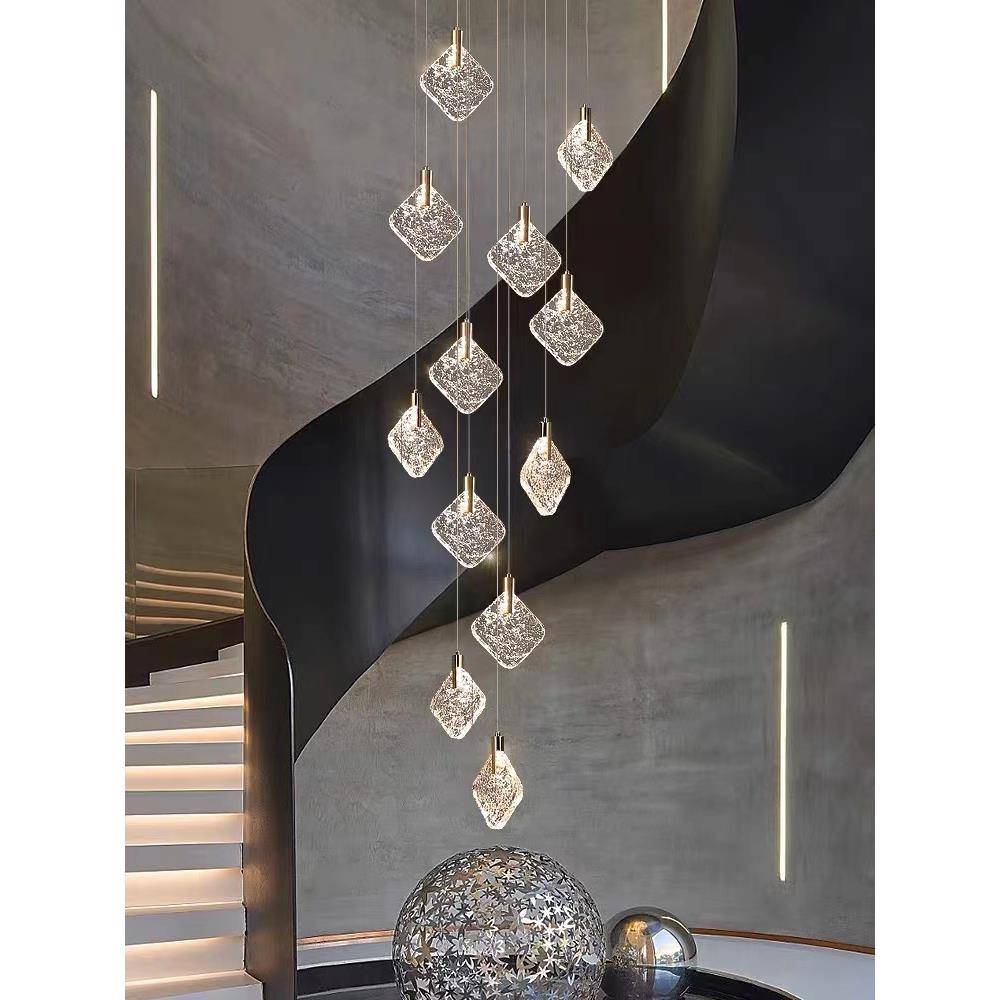 2023款轻奢水晶长吊灯复式楼梯挑空loft网红旋转简约客厅中空别墅