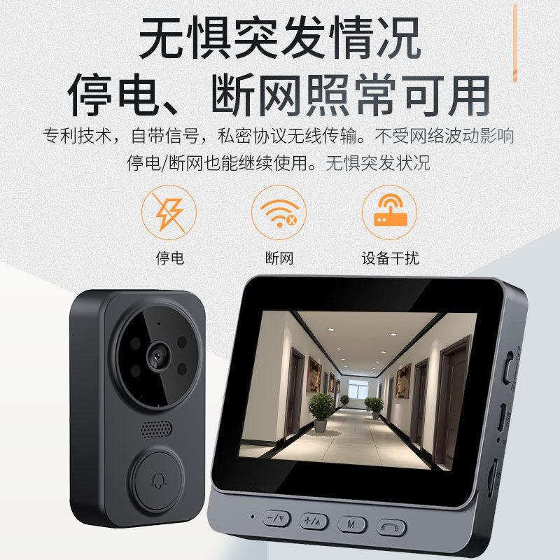 跨境防盗可视门铃免布线家用双向对讲监控显示屏无线连接无需网络