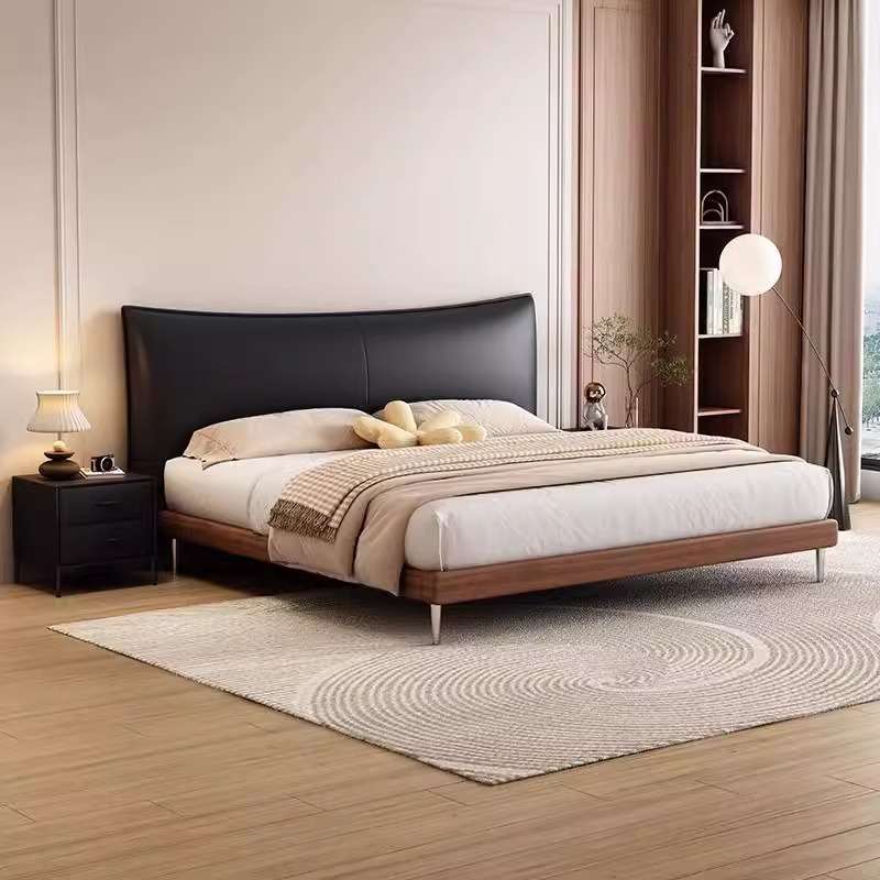 中古风真皮床复古主卧实木双人床现代轻奢软包婚床设计师款1.8米