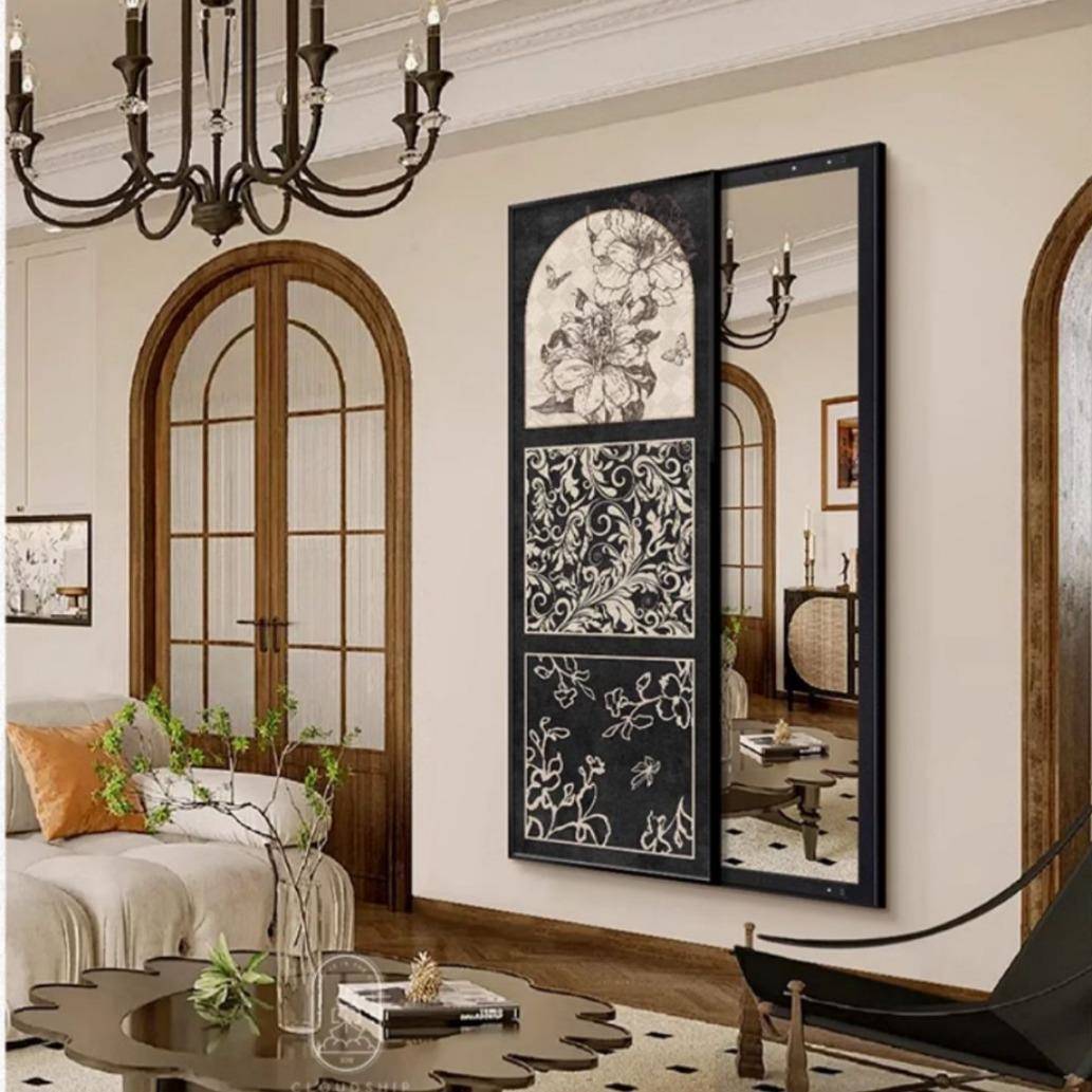 法式中古复古高级感2024新款玄关过道装饰画挂画隐藏式推拉穿衣镜