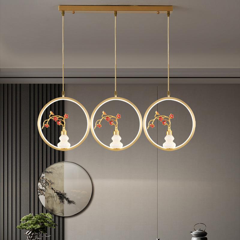 新中式餐厅吊灯全铜简约轻奢水晶葫芦创意圆盘茶室书房LED吊线灯